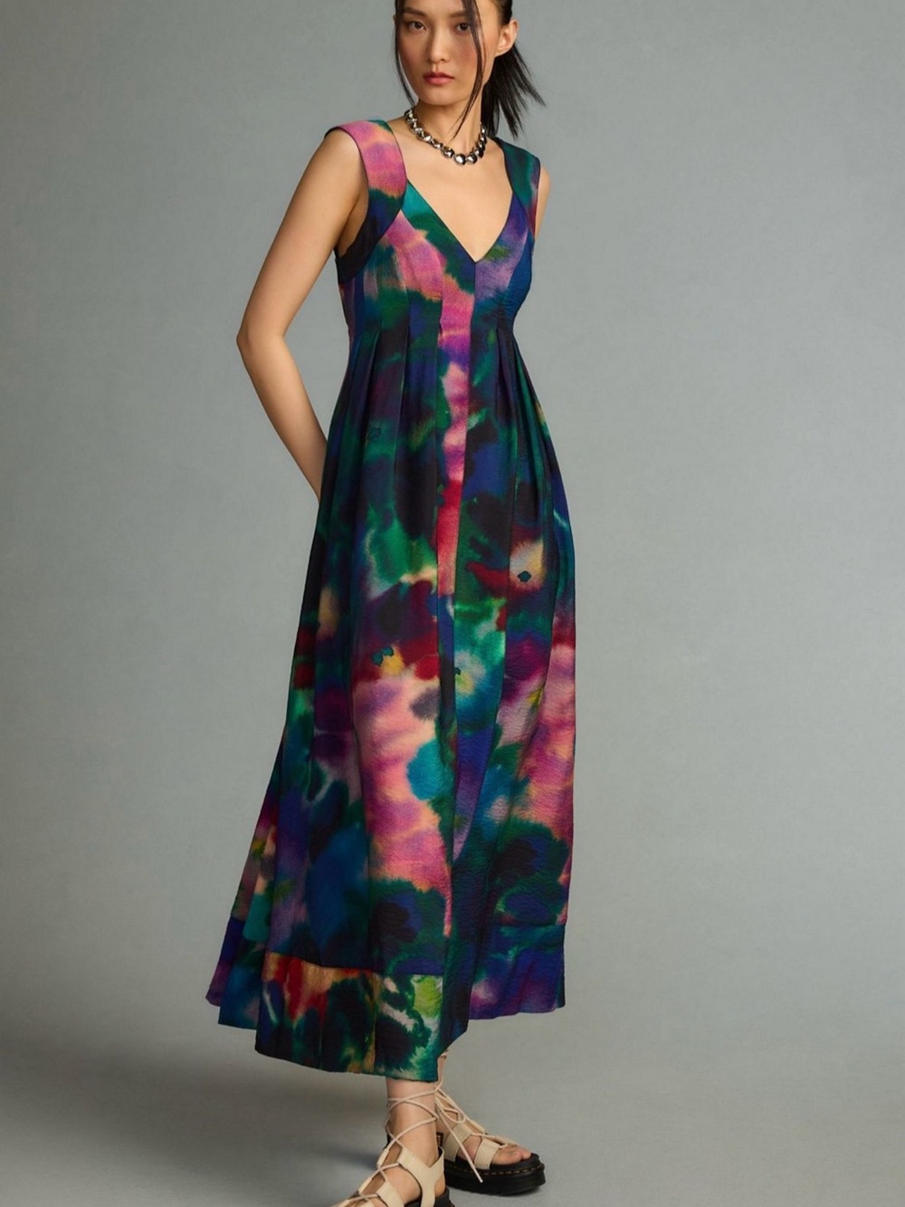 Anthropologie Multicolor Watercolor V-Neck Midi Dress Size 2X